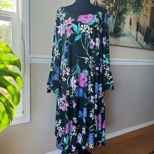 LANE BRYANT GREEN 3/4 RUFFLE SLEEVE FLORAL PRINTED SWING‎ DRESS